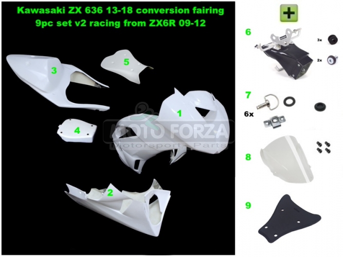 Kawasaki ZX-6R Ninja 2009-2012  Complete set 6-pieces racing, GRP -  CONVERSION SET ZX6R 636 13-