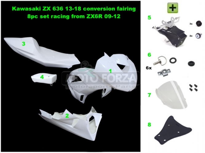 Kawasaki ZX-6R Ninja 2009-2012  Complete set 5-pieces racing, GRP - conversion set for Kawasaki ZX6 636 2013- , GRP