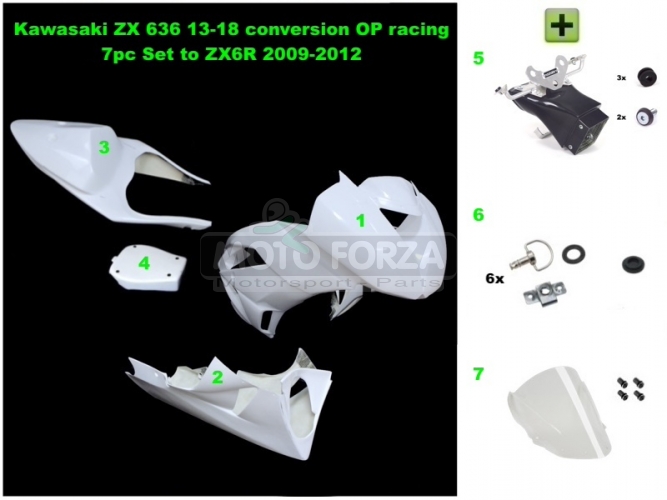 Kawasaki ZX-6R Ninja 2009-2012  Complete set 5-pieces racing OP, GRP - CONVERSION SET ZX6R 636 2013- 