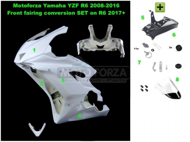 Přední kapotáž racing vč.instalace D ring šroubů  - Yamaha R6 08-16 Konverze na kapotu 2017+